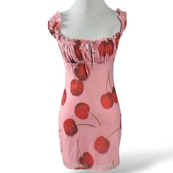 UO Kimchi Blue Cherry Bianca Mesh Mini Dress Pink Red Size Small Valentine’s Day - Picture 4 of 9